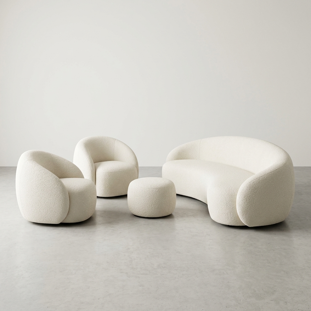 Juego de Sala Curvo Bouclé Blanco con Ottoman, Salas & Cocinas